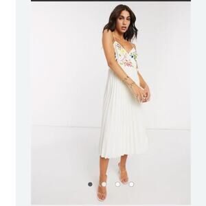 ASOS Women Cream Embroidered Pleated Cami Wrap Midi Dress Size 6